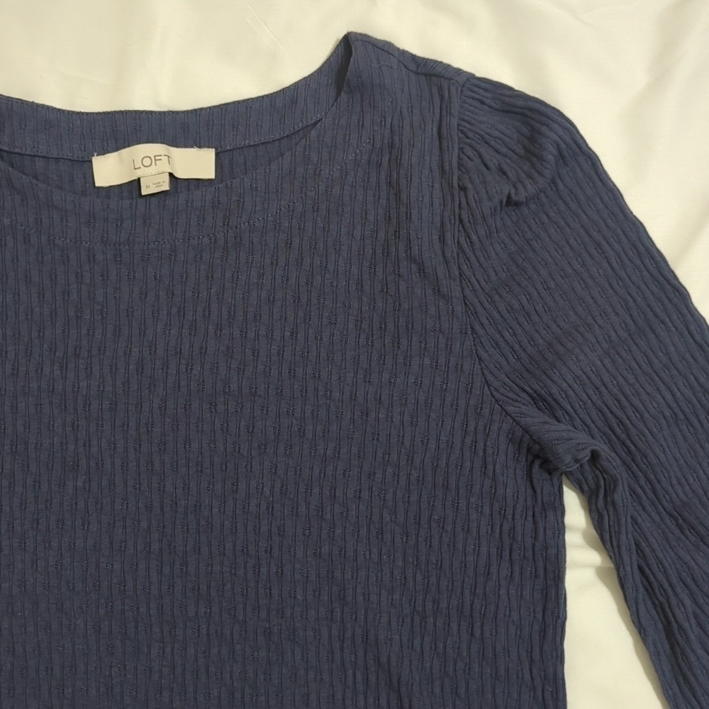 Loft Ribbed Ruffle Sleeve Blouse, Color Blue Size M - Picture 8 of 13